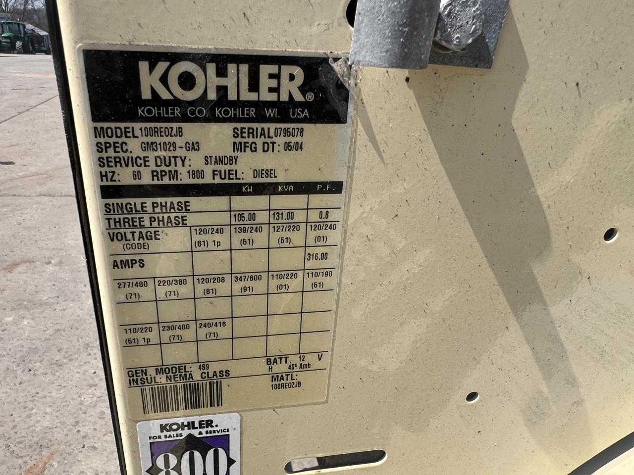 _105 kW Kohler Generator, 6.8 Liter John Deere Engine, Year - 2004, 806 Hours - Image 16
