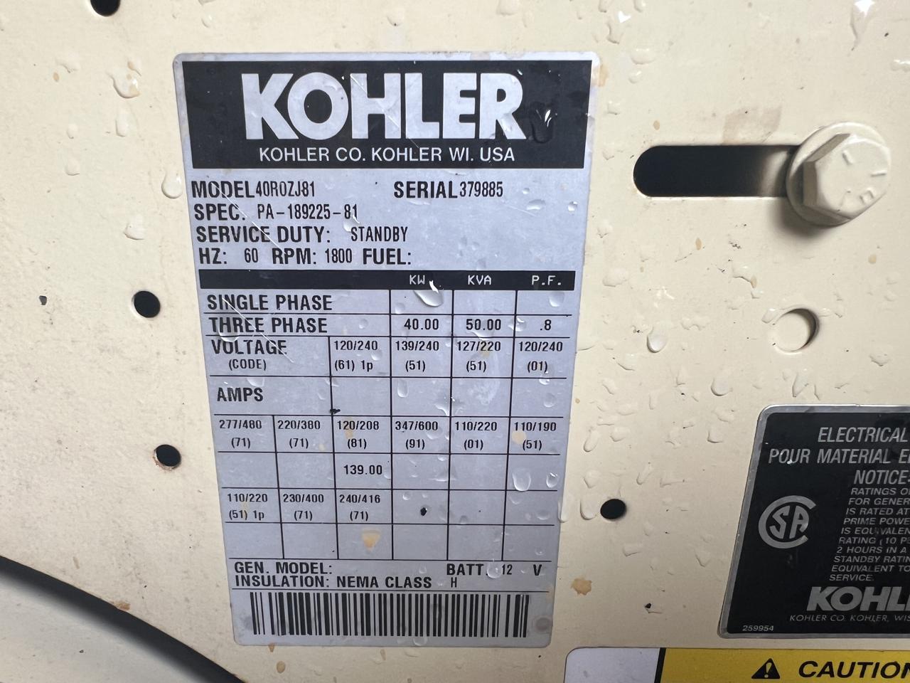 __40 kW Kohler Generator, with Enclosure and Base Fuel Tank 3.9 Liter John Deere Engine, 1683 Hours - Image 17