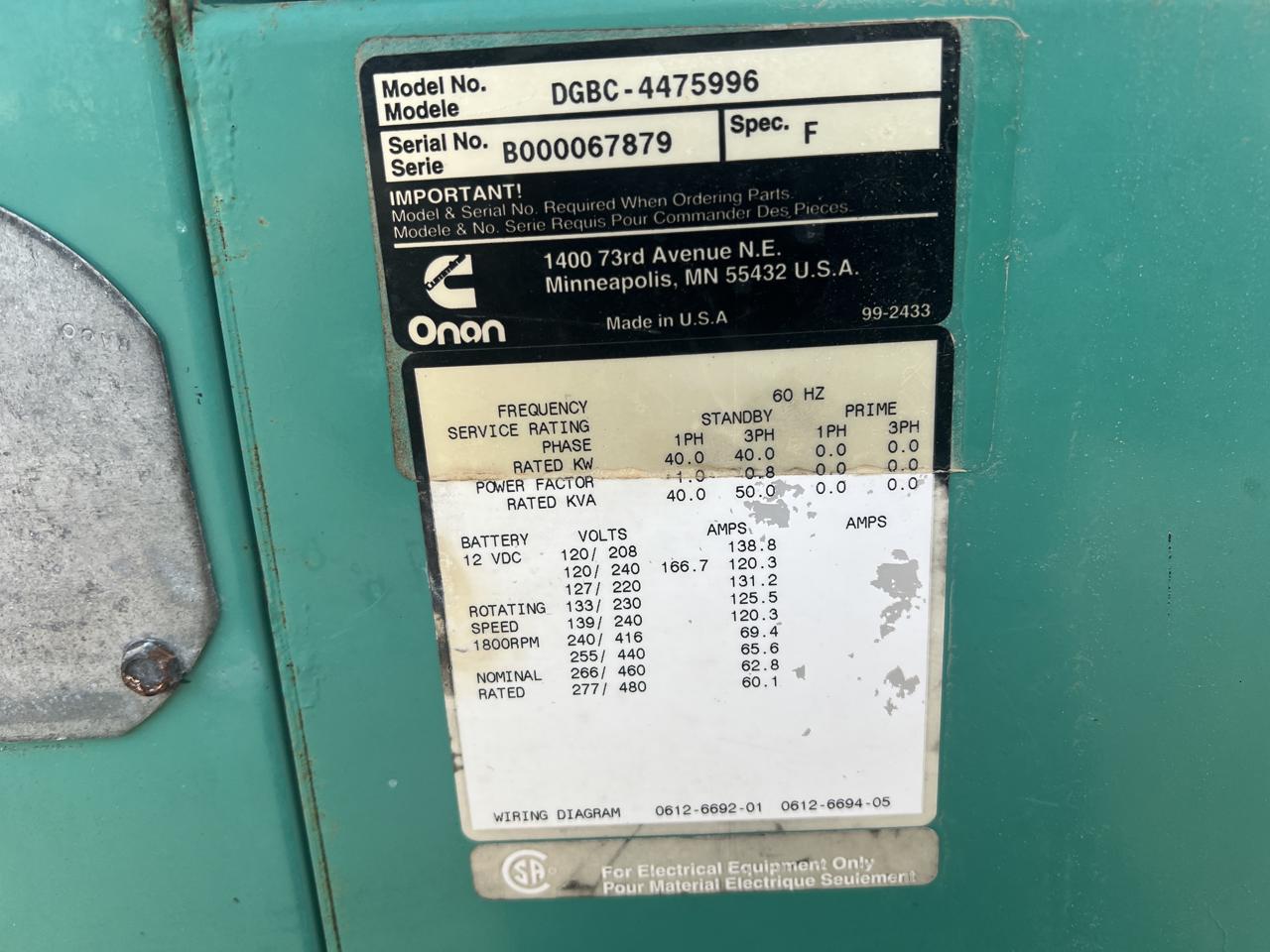 __40 kW Cummins/Onan Gen Set, 3.9 Liter Cummins Engine, Open Skid, Year - 2000, 312 Hours - Image 16