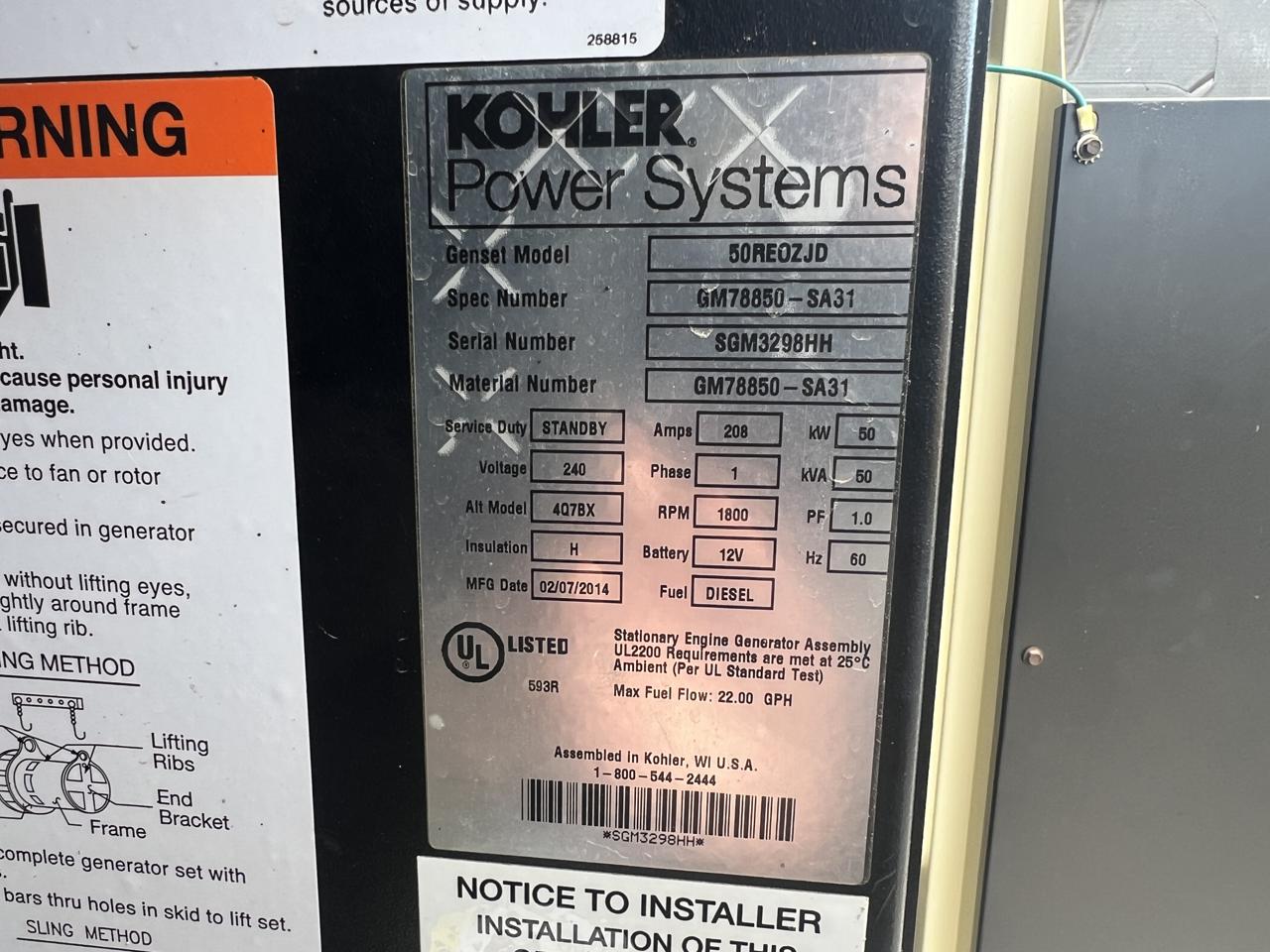 __50 kW Kohler Generstor, with Sound Attenuated Enclosure and Base Fuel Tank, 2.4 Liter John Deere Engine, Year - 2014, US EPA Tier 3 Pre Emission Engine - Image 14