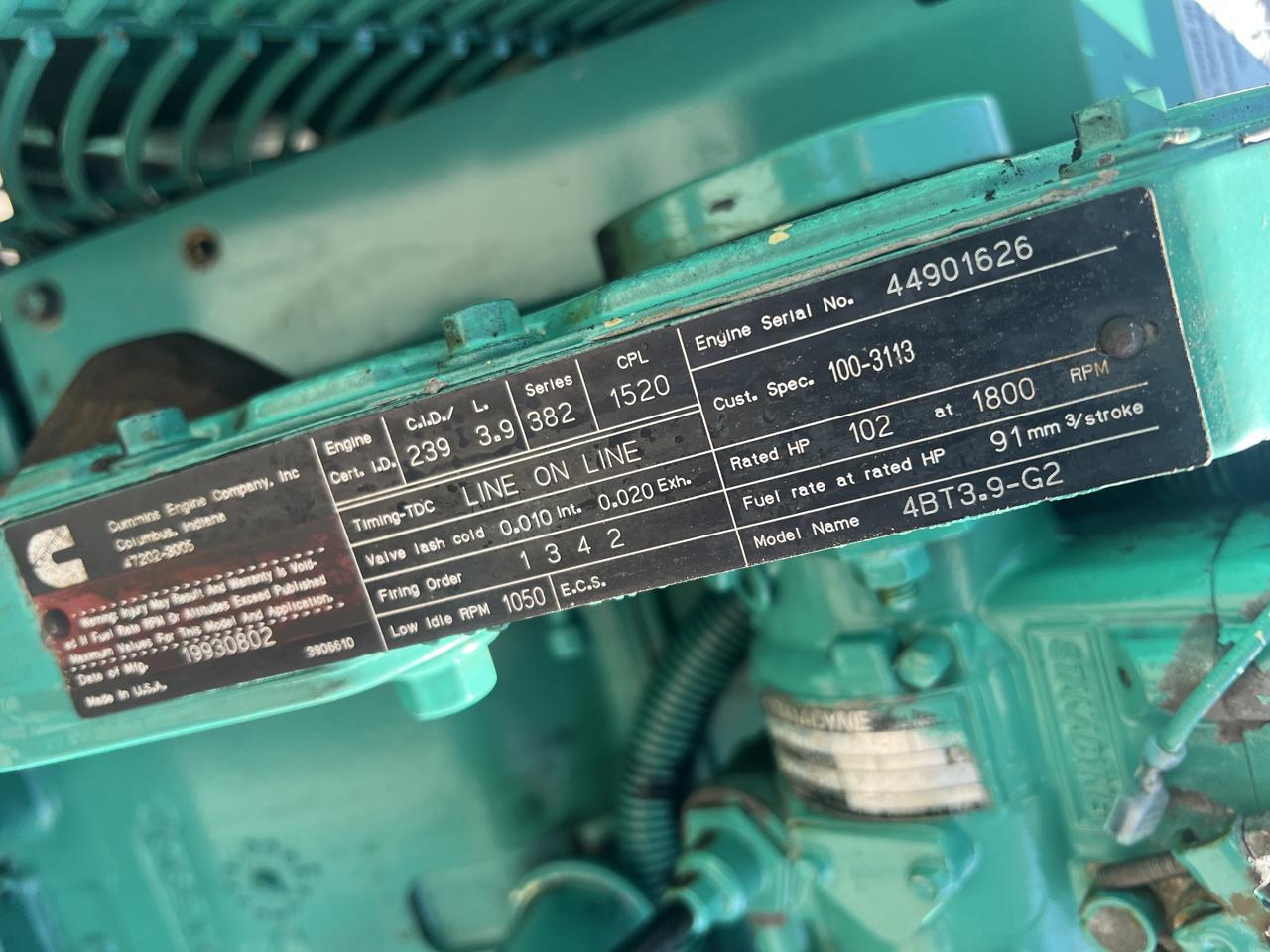 __60 kW Cummins/Onan Genset, 4BT3.9 Liter Cummins Engine, Open Skid, Year - 1993, 5093 Hours - Image 10