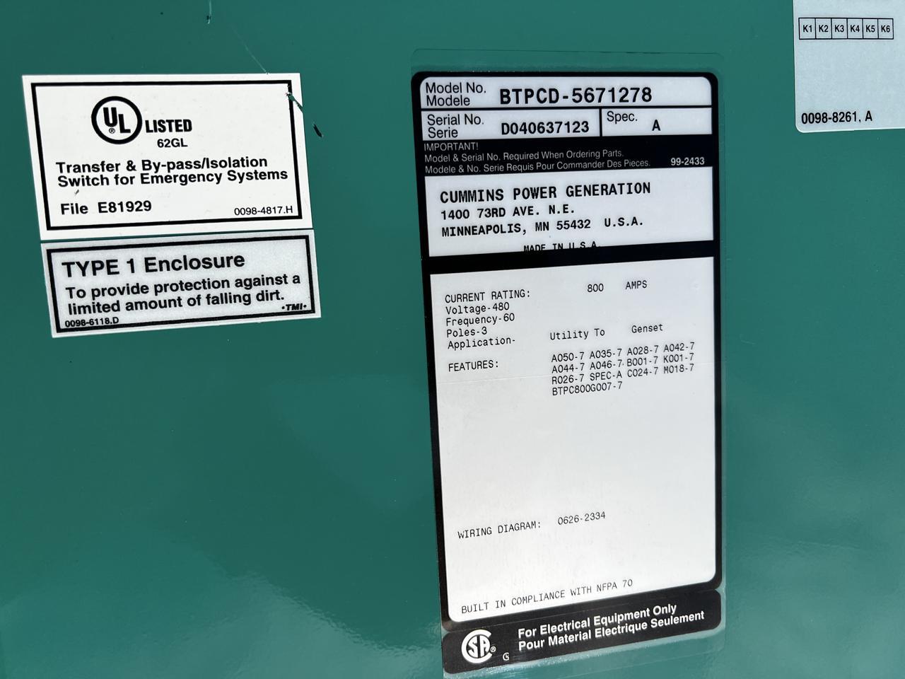 800 Amp Cummins/Onan Automatic Transfer Switch with Isolation By Pass. Nema 1 Enclosure - Image 9